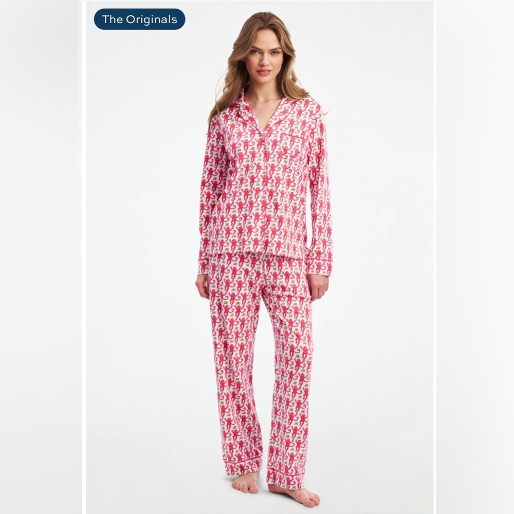 Roller Rabbit Pink Monkey Long Sleeve Polo Pajamas Size XXS